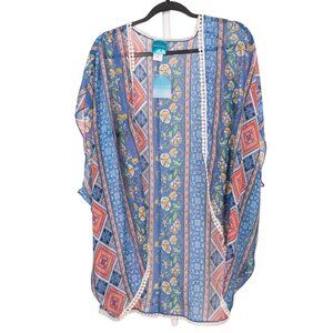 Boho Cardigan M NEW Floral Fringe Blue Indie Hippie Long Duster Festival Fairy